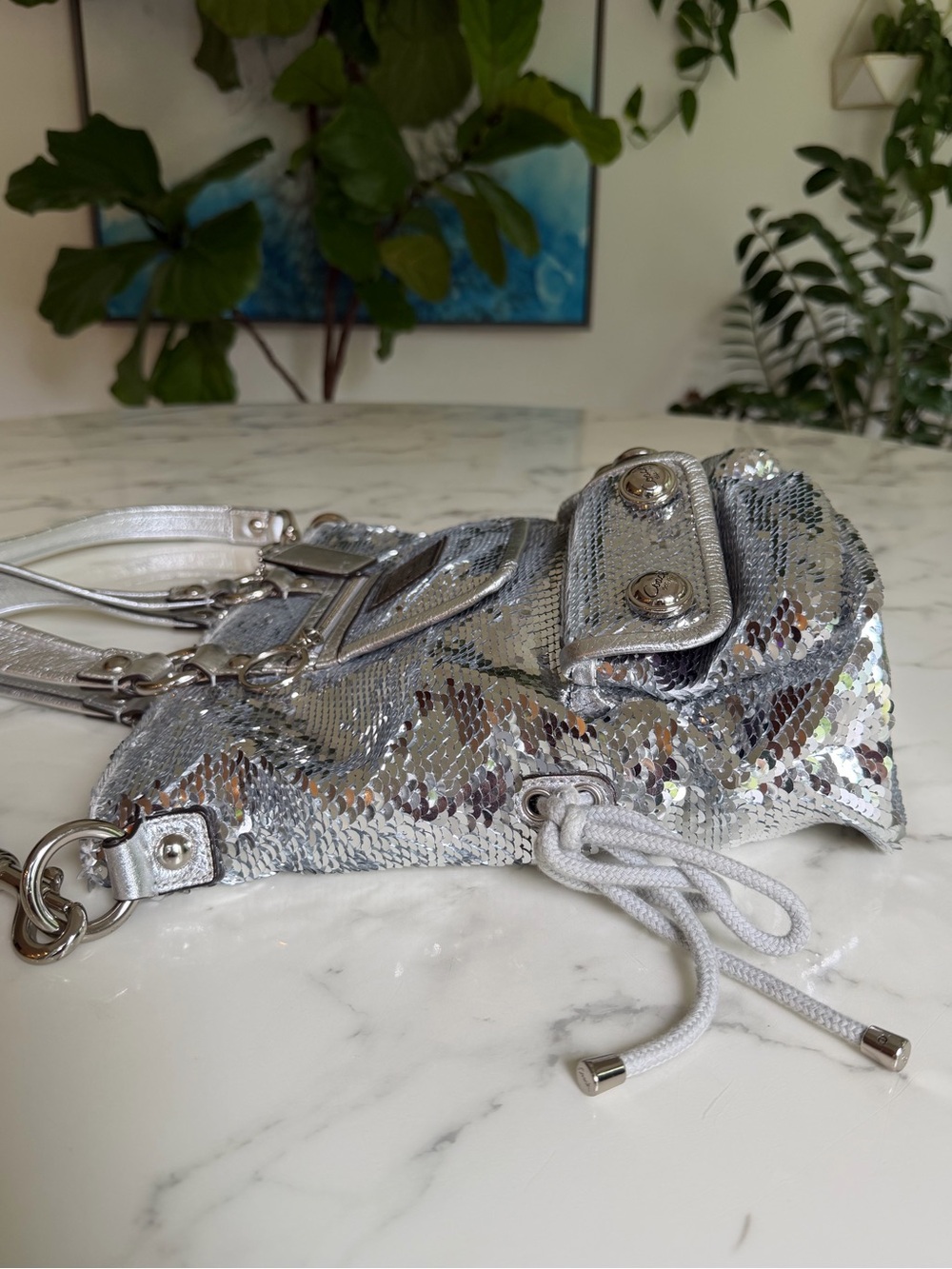 Coach Limited Edition Poppy Sequin Spotlight Tote Shoulder Bag 13821 Silver Y2K - Picture 9 of 16